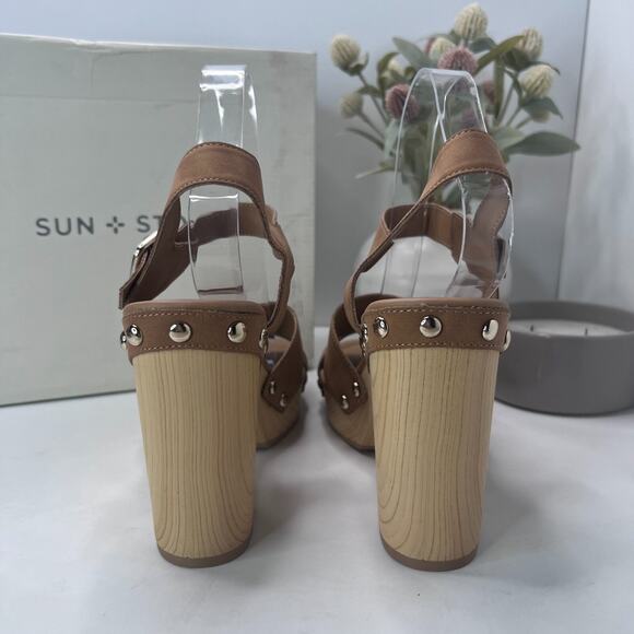 Sun + Stone Delestep Faux Leather Ankle Strap Block Heels Cognac Womens 10M NWB - Picture 4 of 11